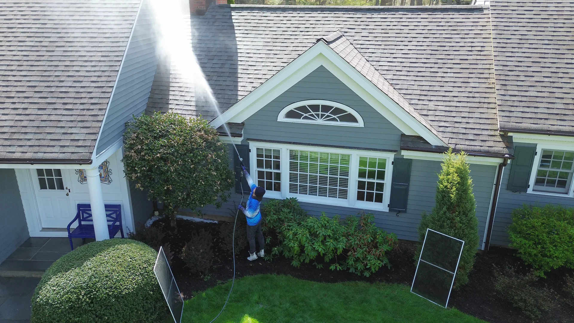 Aerial view of a MacLane soft wash in progress